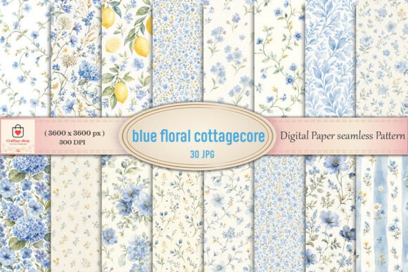 Download Blue Floral Cottagecore Digital Paper - Floral Collection